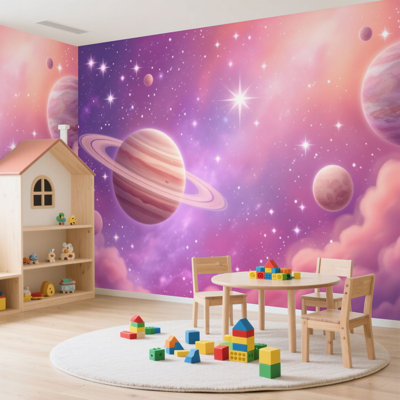 Papier peint adhésif autocollant Planètes cosmiques roses Étoile galaxie rêveuse Ciel annelé Planète gazeuse Autocollant amovible Papier contact mural pour le salon Chambre à coucher H 100 po x l 144 po