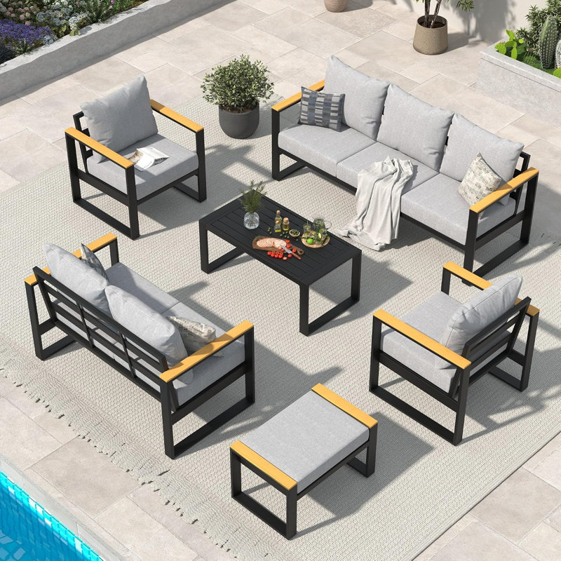 Ensemble de conversation 7 pièces avec canapé et table basse pour l'extérieur, Gris