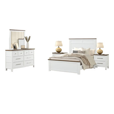 Ensemble de chambre à coucher simple 5 pièces Tela, 2 tables de chevet, panneau encastré blanc et brun
