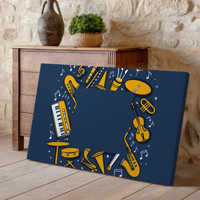 La toile crée une illustration vibrante et ludique mettant en vedette une variété d'art mural, des instruments de musique disposés le long des bords de la toile