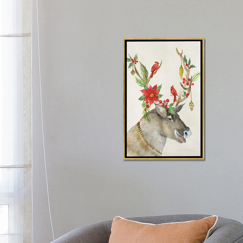 Playful Reindeer I - reproduction d'art murale - toile encadrée, H 26 po x l 18 po, Reproduction encadrée sans passe-partout