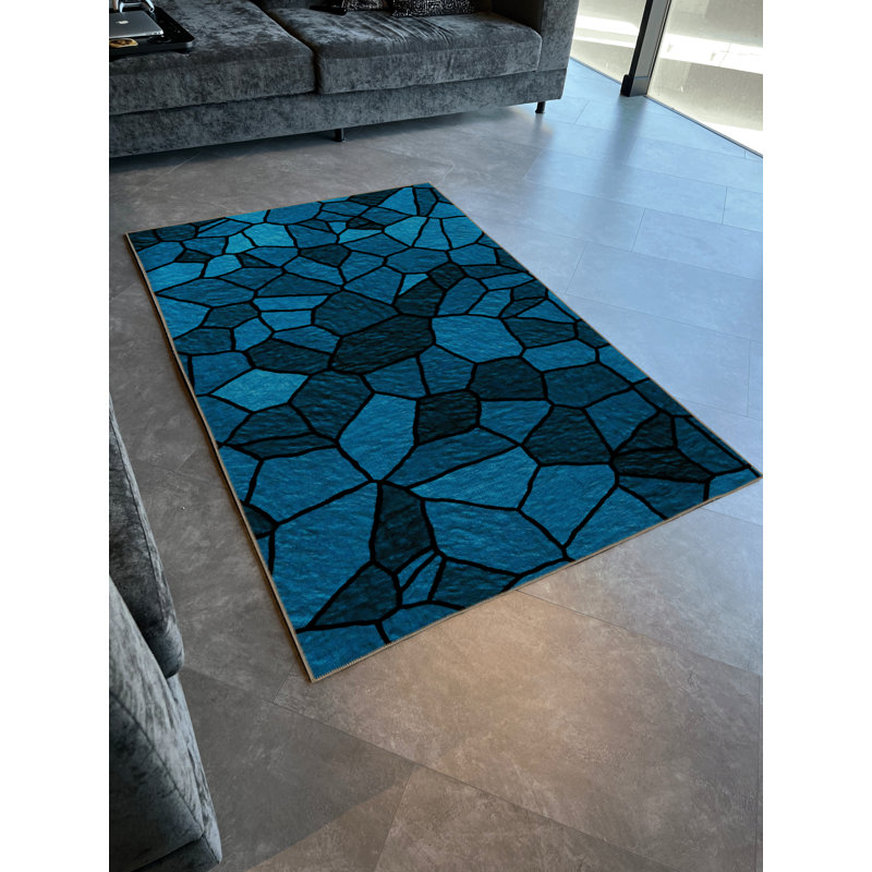 Blue Themed Mixed Geometric Shape Marble Patterned Creative Modern Decorative Rug, Rectangle 5'1.02" x 7'6.55"