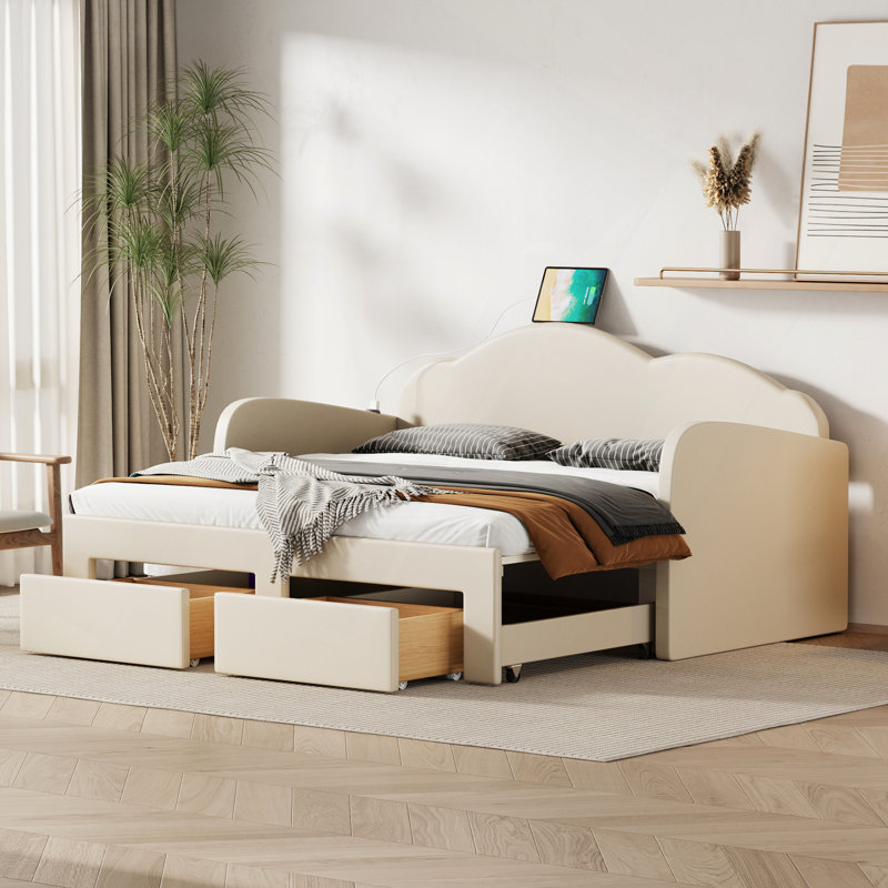 Lit de jour rembourré 2 tiroirs avec couchette et ports USB, Beige