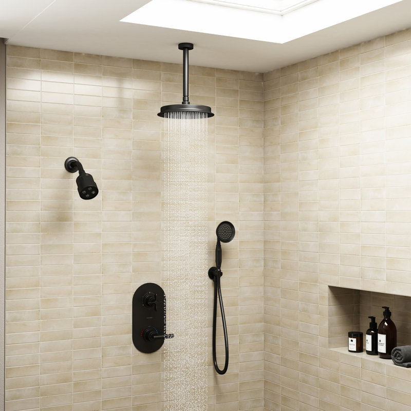 Vintage Racetrack Thermostatic Rainfall Shower System with Dual Showerheads & 3-Way Diverter