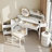 Santi Adjustable Corner Makeup Vanity with Tri-Fold LED Mirror, Drawer & Stool-117442814