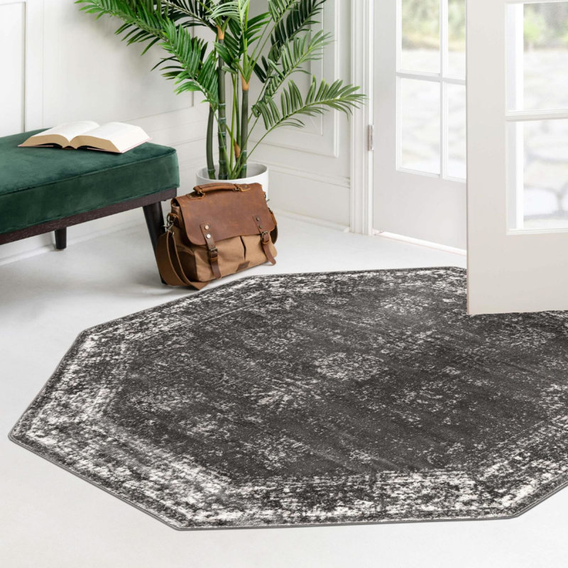 Tapis à motifs floraux Brandt, Non, Dark Grey, Octogone 5 pi 3 po x 5 pi 3 po