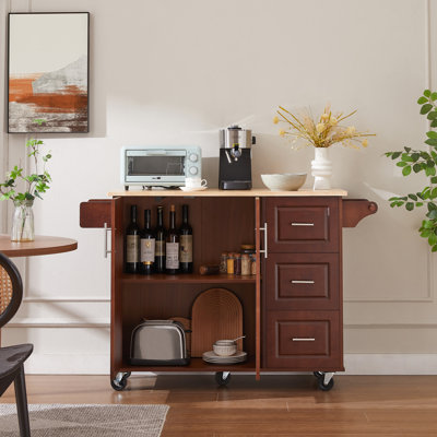 Îlot de cuisine 54 po en bois avec 3 tiroirs, table pliante, support à épices et serviette pour espaces compacts