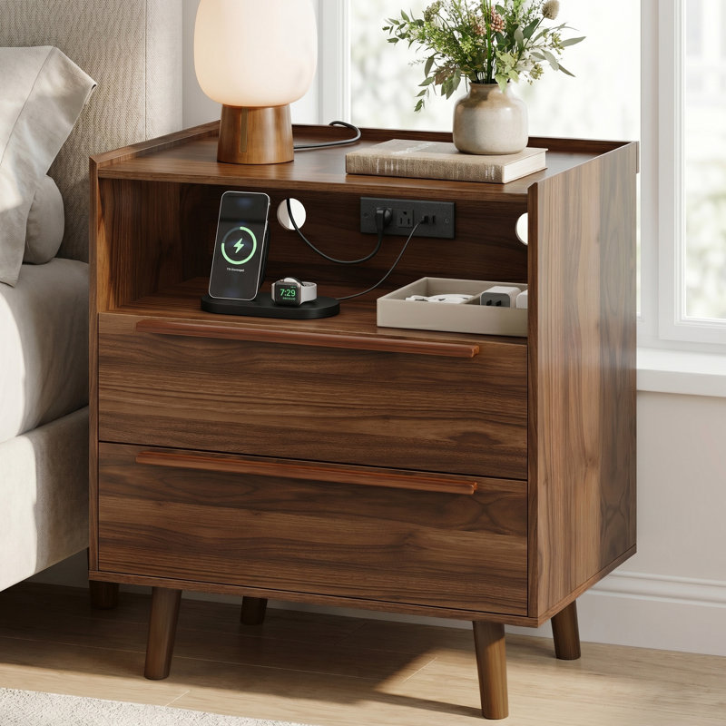 Table de chevet moderne à 2 tiroirs avec station de charge, ports USB et de type C et tablette ouverte, Noyer