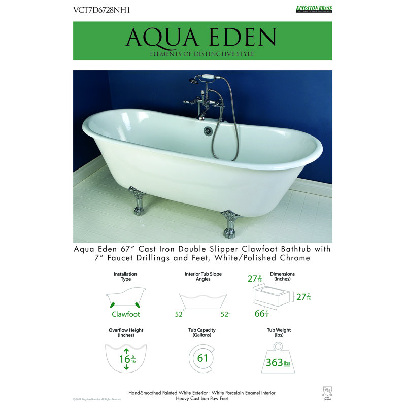 Baignoire sur pattes ovale en fonte 67 pouces Kingston Eden Aqua Brass, Chrome poli