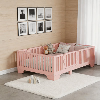 Twin Montessori Floor Bed with Slats, Fence, Pink