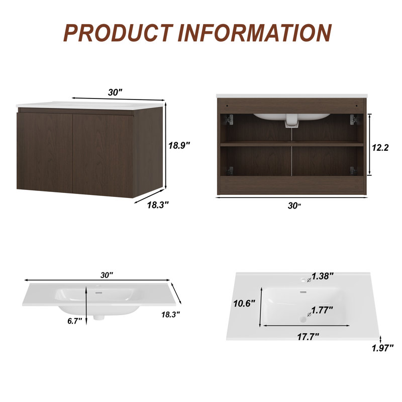 Sylvan 30" Single Wall-Mounted Floating Bathroom Vanity with Ceramic Sink, Dark Walnut,Hardwood Plywood,Soft-Close Doors & Interior Adjustable Storage