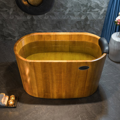 WOODBRIDGE 43" Freestanding Handcrafted Heat-Treated Rubberwood Soaking Bathtub with Removable Seat, Matching Wood Stool, Spacious Interior, Easy-Care Design, Chrome Pop-Up Drain