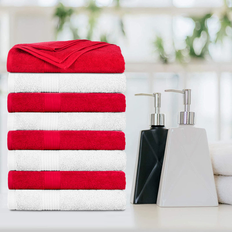 100% Cotton 600 GSM Bath Towels , White/Red