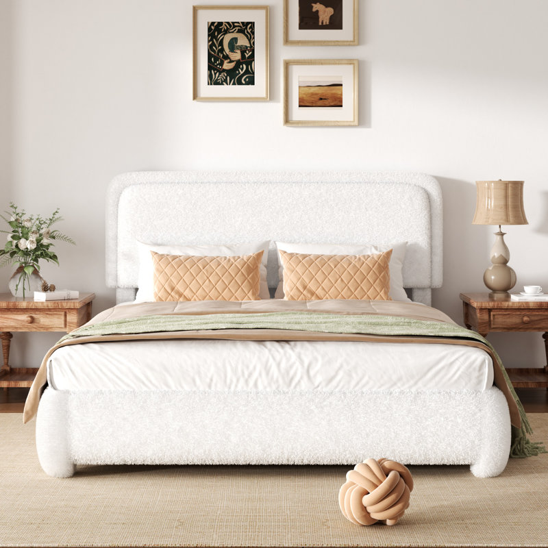 Base de lit plateforme tapissier Boucle avec tête de lit réglable et coins arrondis doux, Blanc, Grand