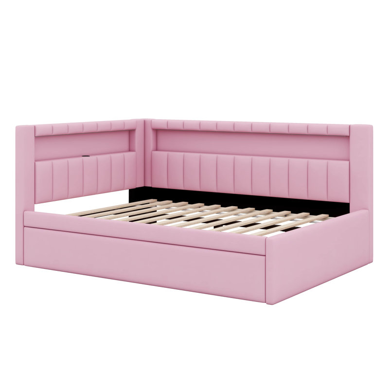 Platform Bed With USB Ports And LED Belt, Upholstered Bed Frame With Trundle, No Box Spring Needed, Full/Double, Pink
