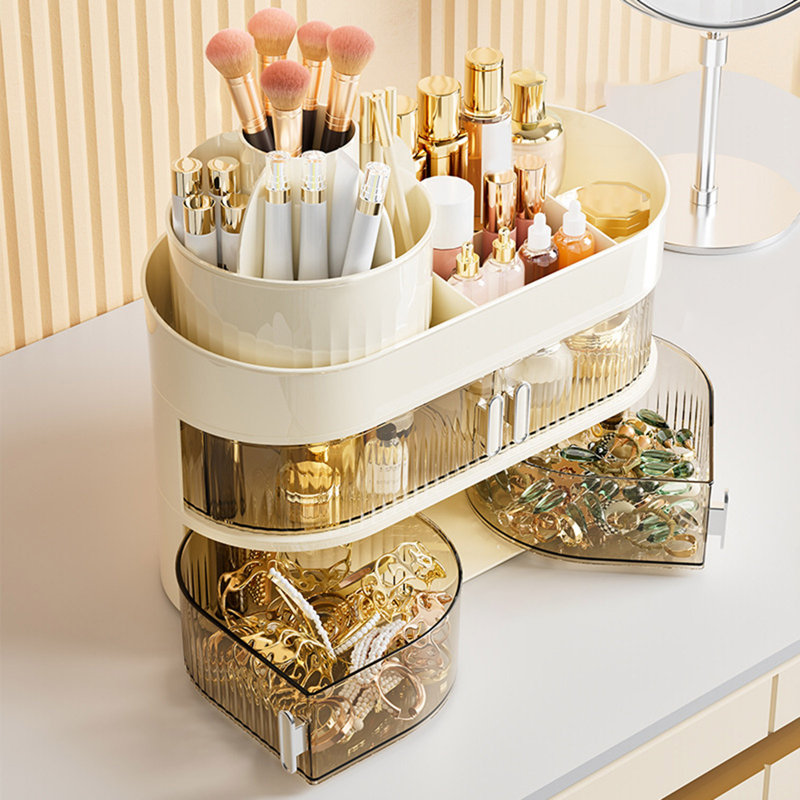 Makeup Organizer Storage Box Large Capacity Multiple Compartment Detachable Design 360-Degree Rotating Makeup Brush Holder
