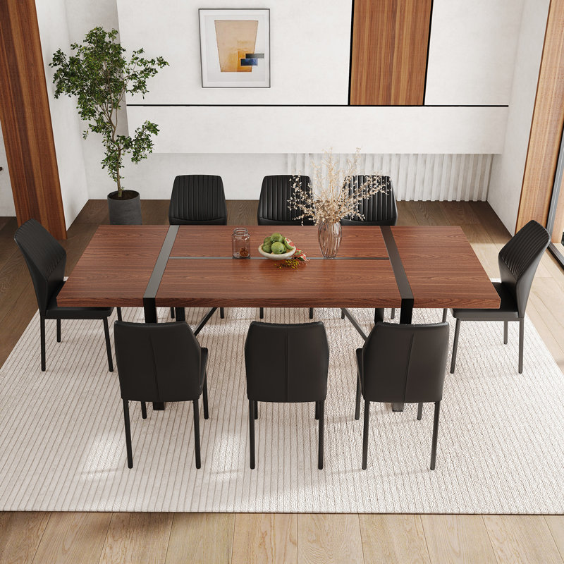 87 Inch Wood Dining Table Set With PU Leather Upholstered Dining Chair, Black, 9 Pieces: Table, 8 Chairs, Walnut