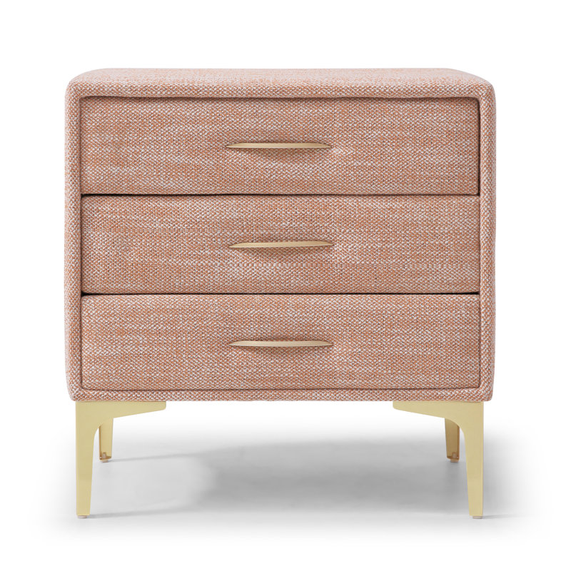 Élégante table de chevet rembourrée avec pieds dorés, Blanc / texturé gingembre