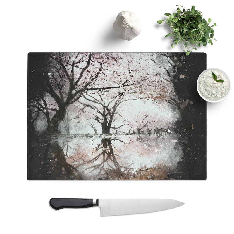 Tempered Glass Reflection of the Pink Blossom Trees Chopping Board, 28.5 cm x 39 cm