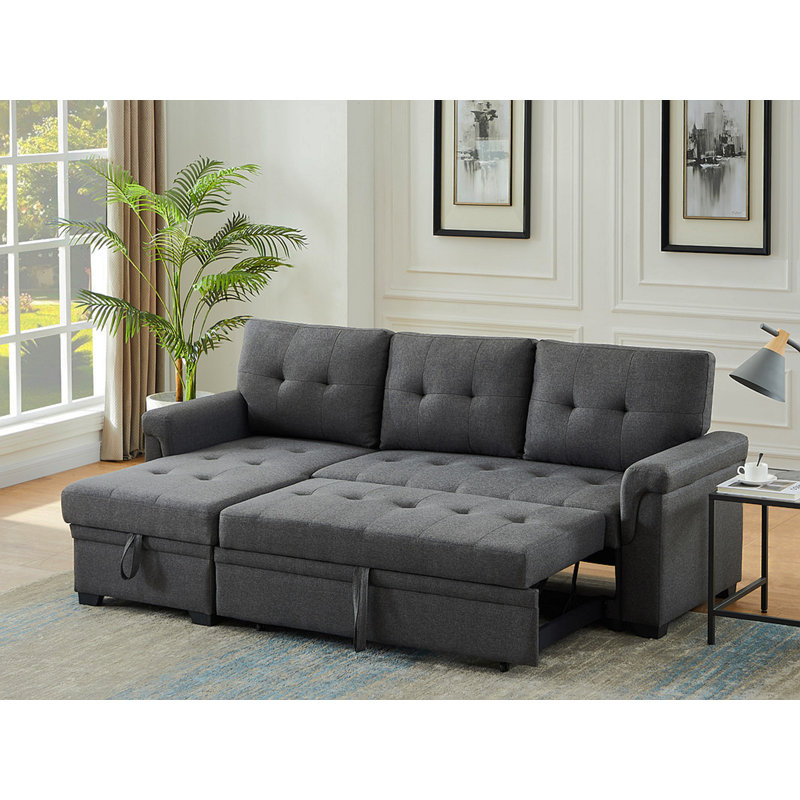 Jardin 84"W Dark Gray Linen Reversible Sleeper Sectional Sofa With Storage Chaise, Dark Gray Linen