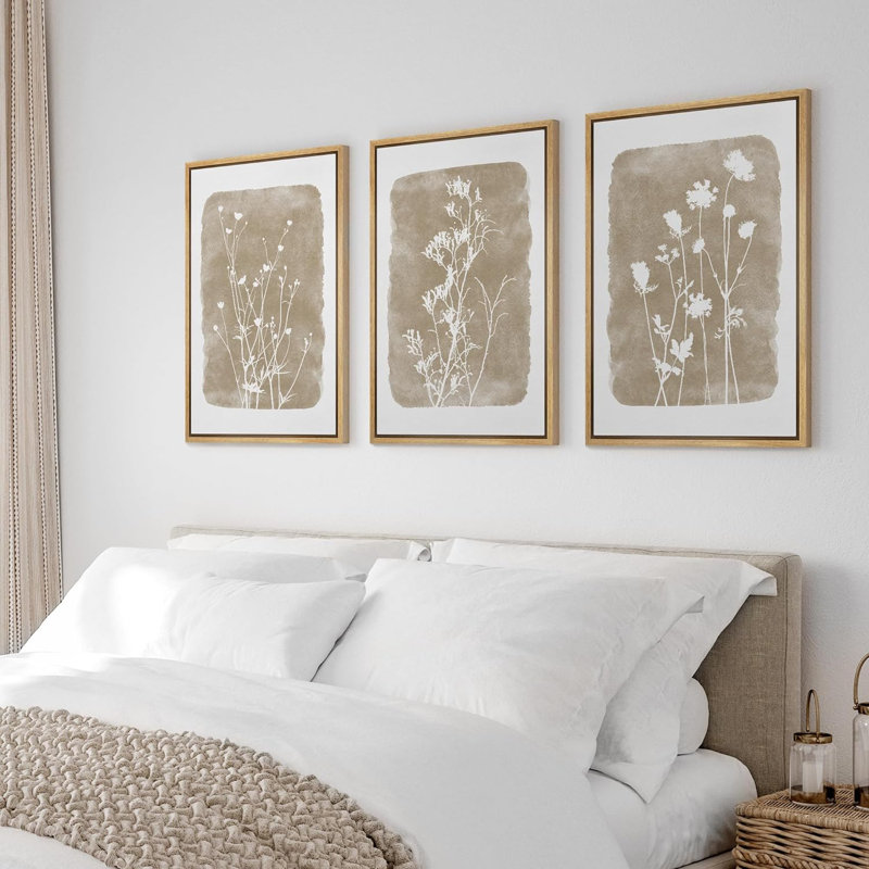 Simple Rustic Botanical Floral Vintage Wildflower Pictures Framed On Canvas 3 Pieces Print Wall Art, Natural