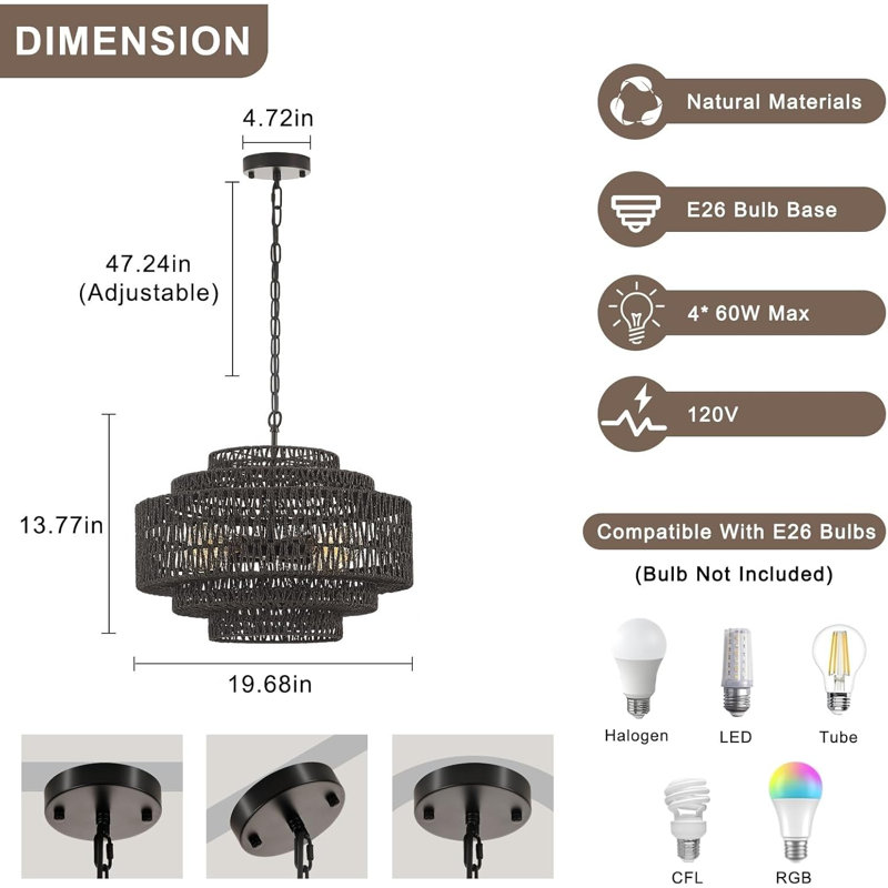 Luminaire rétro en rotin tissé à la main avec chaîne ajustable Boho, Noir, noir, noir, noir, Noir mat