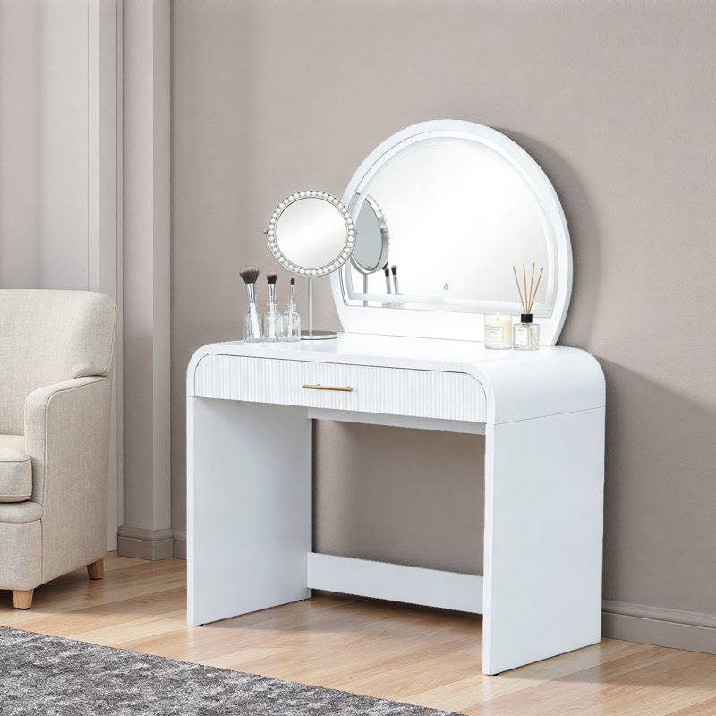 Makeup Vanity Table With Touch Screen Lighted Mirror, Dressing Table With A Drawer And Curved Edges