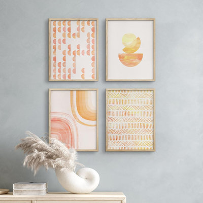"Bathroom Decor" multicolore, pastel orange, peinture à l'aquarelle, coups de formes abstraites, encadré sur papier, 4 pièces