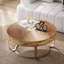 Table basse moderne et ronde à motif sculpté en bois avec pieds en métal-256318027