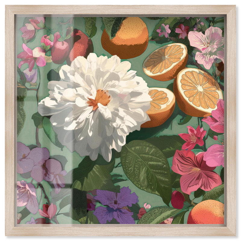 «Blooming Flowers and Citrus», impression florale verte par Art Remedy, H 13 po x l 13 po, Cadre blond