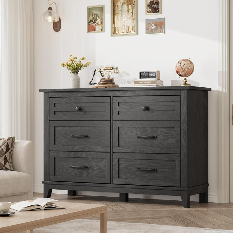 6-Drawer Dresser, 47 inch Wide Wooden Chest of Drawers, Freest and ing Storage Cabinet for Bedroom Closet, Living Room, Black