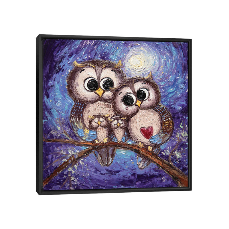 Good Owls by Vlada Koval - Painting on Canvas, 45.72 cm H x 45.72 cm W, Black Framed