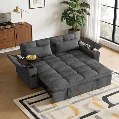 65'' 3 In 1 Convertible Sleeper Sofa Bed with cup holders, 90° Swivel Side Table, Usb & Type-C
