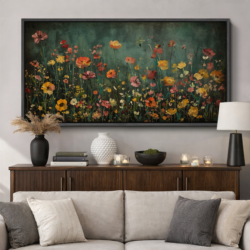 Moody Green Wildflower Florals Modern Decor, très grandes photos, impression sur toile encadrée, H 30 po x l 60 po