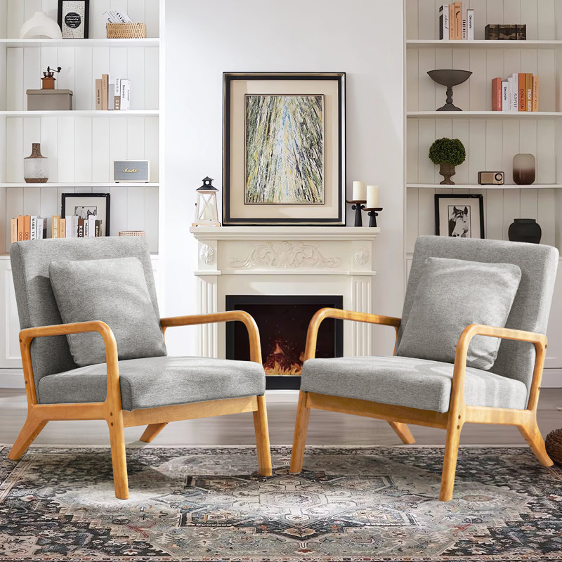 Fanci 25.6" Wide Accent Chair, Gray Linen / Medium Yellow Wood