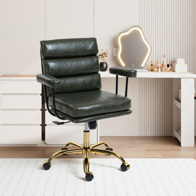 Faux Leather Home Office Desk Chair, Gold Base Vanity Chair with Wheels, Padded Seat and Armrests, Adjustable Height Swivel Executive Computer Chair, Green
