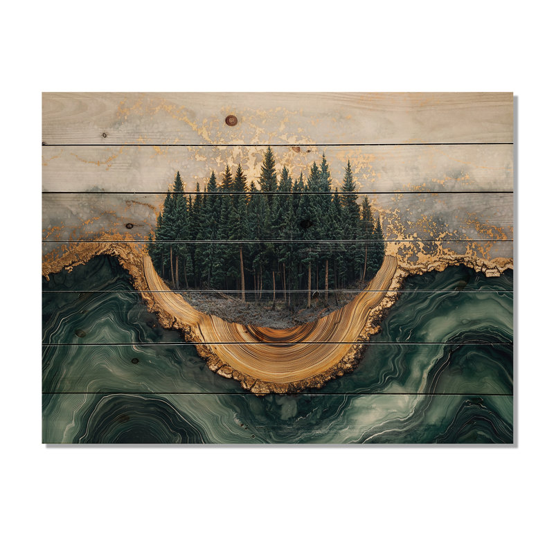 Paysage de forêt de pins sur l'horizon d'émeraude II - Art mural en bois de forêt - sur bois de pin naturel