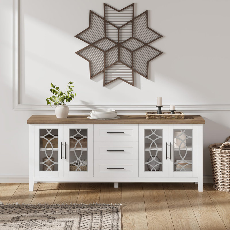 Mid Century Modern Sideboard Buffet Cabinet with Storage, 63" TV Console Media Cabinet with 3 Drawers, 2 Glass Doors, Adjustable Shelves, Accent Entertainment Center for Living Room