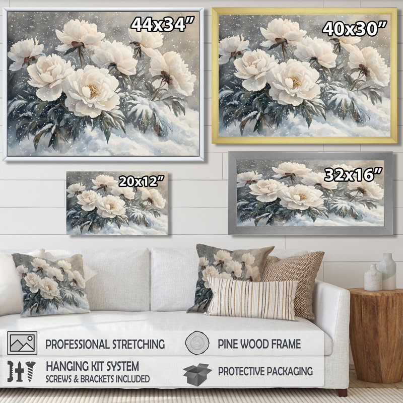 Hiver pivoines dans les congères IV - pivoines, art mural, H 12 po x l 20 po, Cadre simple noir