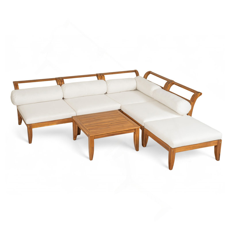 Ensemble de canapé de patio 6 pièces, ensemble de conversation modulaire d'extérieur en bois d'acacia, ensemble de conversation en forme de L, lit de jour convertible avec table à thé, repose-pieds, 5 coussins et coussins, teck et beige