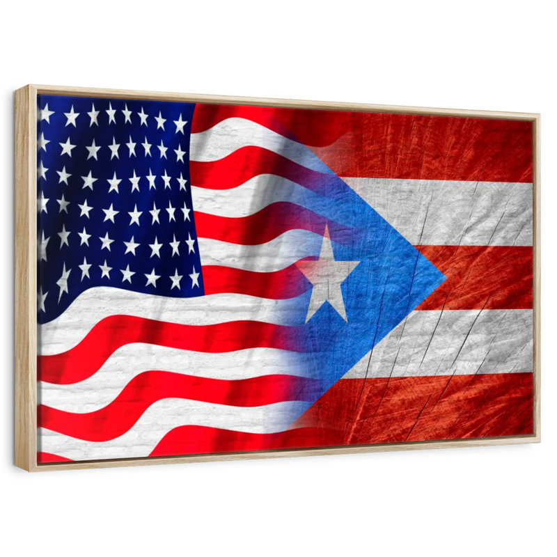 Drapeau de Porto Rico et des États-Unis, Cadre flottant en bois naturel, 40 po x 27 po