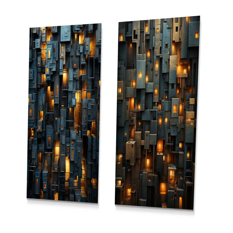 «Copper Canyons Skycrapers Cityscape», ensemble de 2 pièces murales abstraites en métal, H 28 po x l 24 po