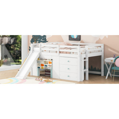 White Full Size Low Loft Bed With Slide, Three Storage Drawers And Two Doors - Noise , Stable Structure, Simple Installation Slide In Modern Design, S