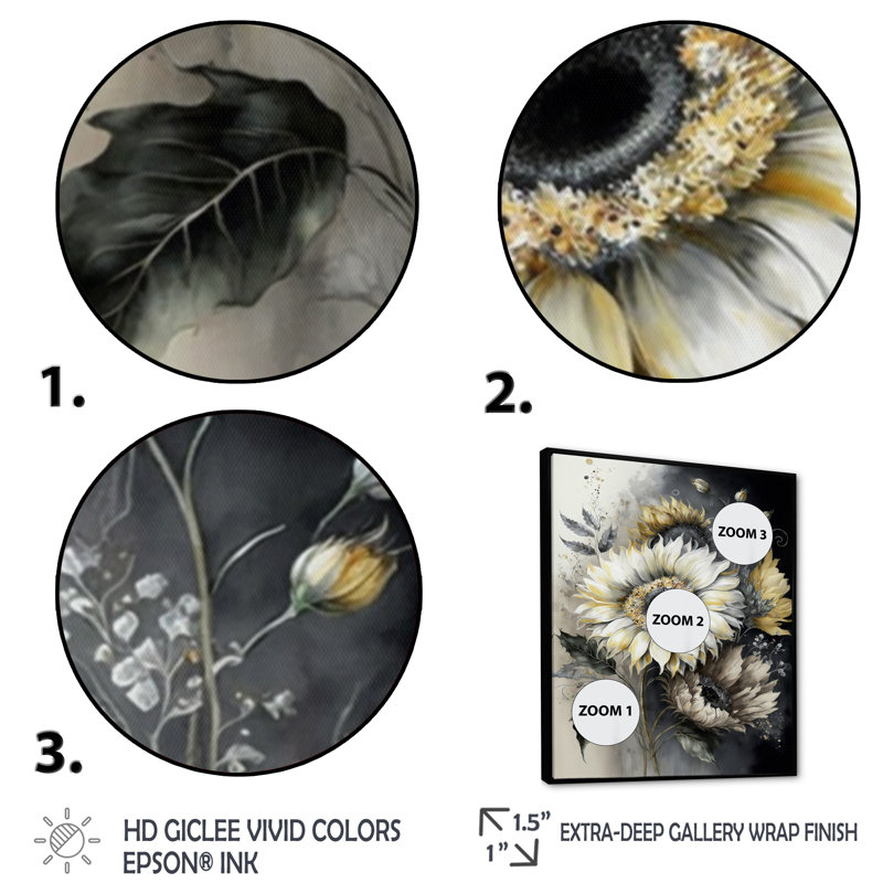 Tournesol blanc - art mural grand tournesol, H 44 po x l 34 po x P 1,5 po, Toile avec cadre flottant noir