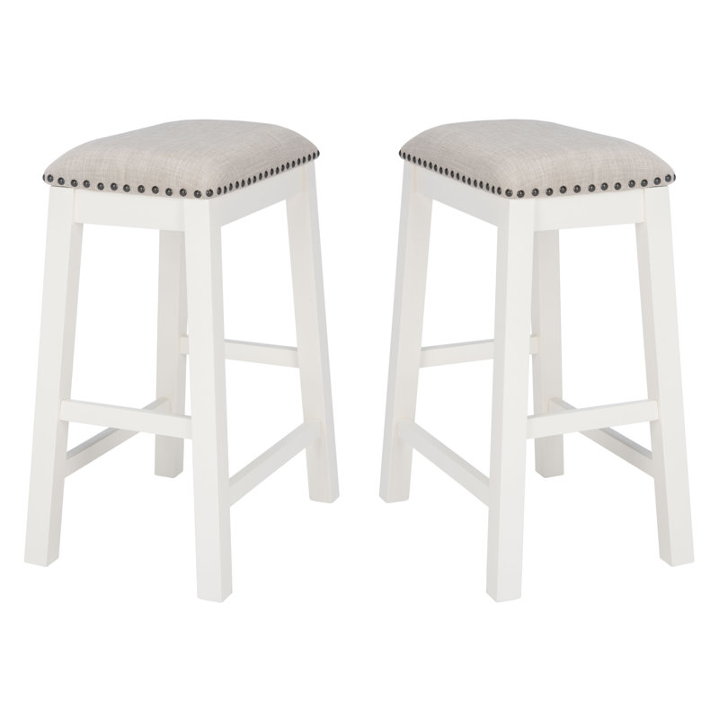 Medrick Upholstered Linen Counter Stool, Gray Seat/White Frame