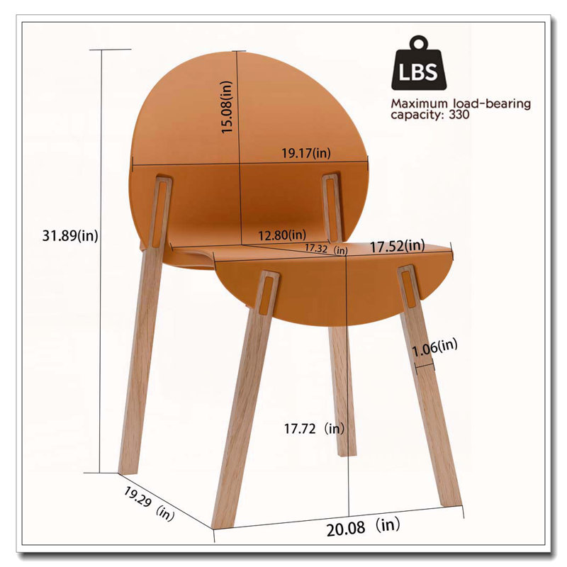 Ensemble de 4 chaises de salle à manger d'été avec pieds en bois de chêne rouge et siège en polypropylène, orange tropical