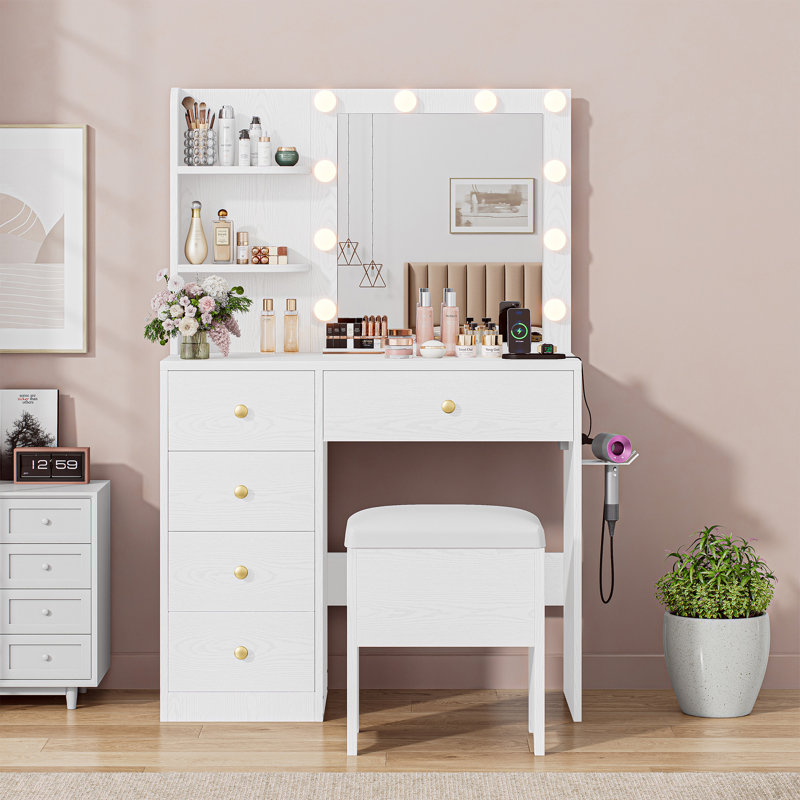 Ensemble de coiffeuse avec miroir et lumières Kenny, avec luminosité réglable, 5 tiroirs, prise de courant et tabouret de coiffeuse, blanc