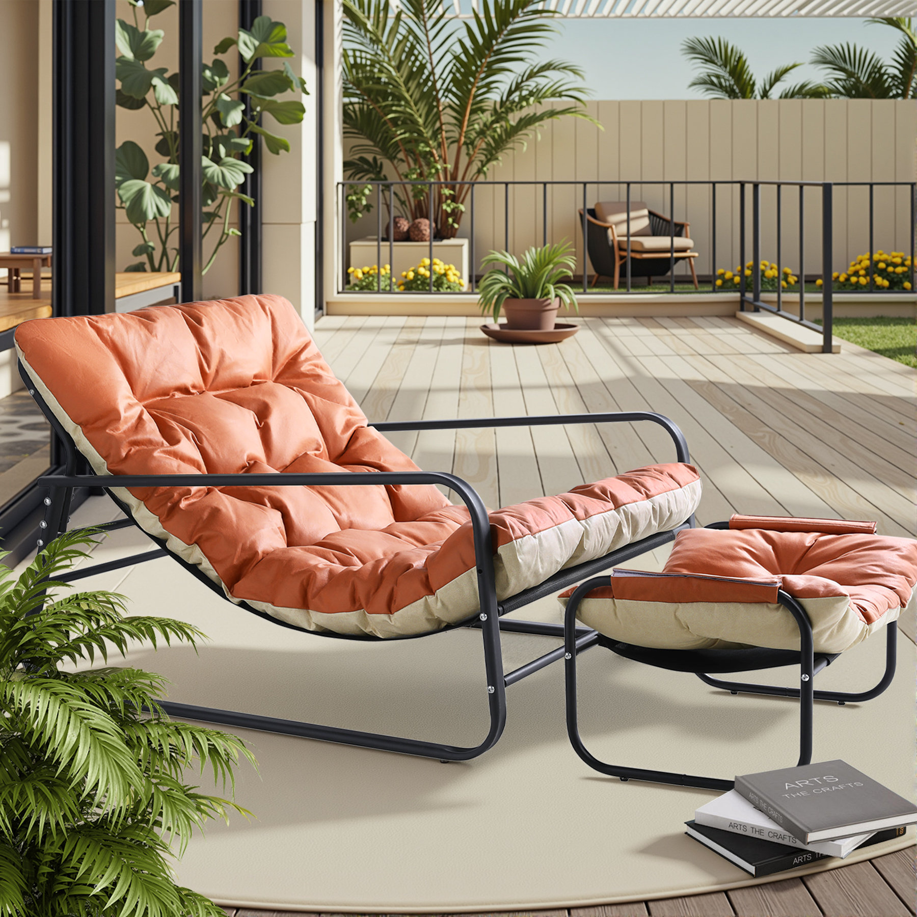 Oversized Patio Lounge Chair with Ottoman, 500lbs Support