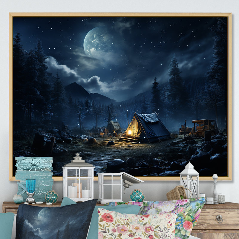 Starlit Camping In Canada 2 - Camping Travel Wall Art, 34" H x 44" W x 1.5" D, Brown Floater Framed