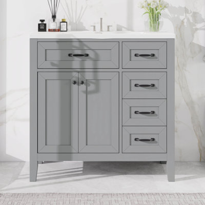 Ensemble de meuble-lavabo 36 po avec lavabo, armoire de salle de bain avec tiroirs et portes, structure en bois massif et panneau de fibres à densité moyenne